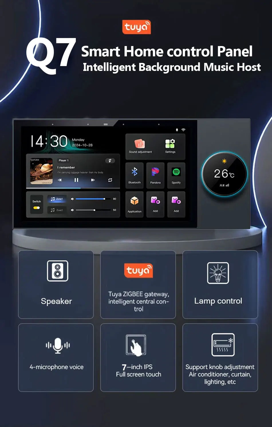 7 Inch Android 11 Alexa Voice Tuya Smart Home Control Panel with Rotary Button Built in E-share Zigbee hub WiFi Wall Amplifier