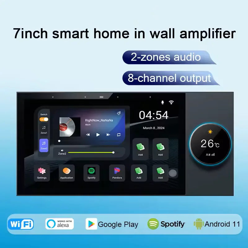 7 Inch Android 11 Alexa Voice Tuya Smart Home Control Panel with Rotary Button Built in E-share Zigbee hub WiFi Wall Amplifier