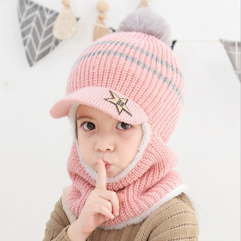 Beanies Baby Ring Hat Pompom Winter Children Hats Knitted Cute Cap for Baby Girls Boys Warm Fleece Lining Earflap Caps for Kids