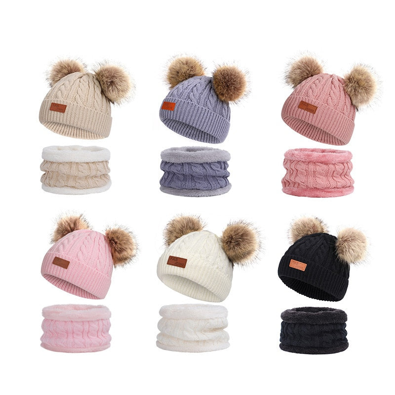 Cute Baby Hat Scarf Gloves Suit Set Beanie Cap Children's Hats Girls Fake Ball Pompon Plush Keep Warm Winter Knitted Skullies