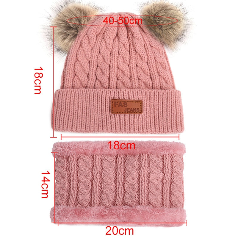 Cute Baby Hat Scarf Gloves Suit Set Beanie Cap Children's Hats Girls Fake Ball Pompon Plush Keep Warm Winter Knitted Skullies