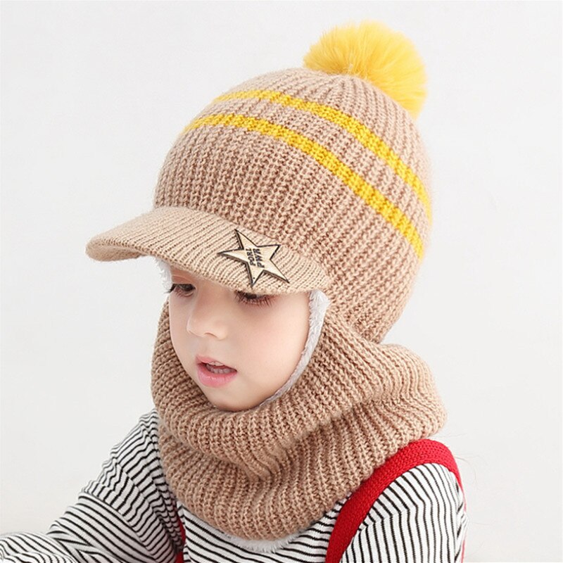 Beanies Baby Ring Hat Pompom Winter Children Hats Knitted Cute Cap for Baby Girls Boys Warm Fleece Lining Earflap Caps for Kids