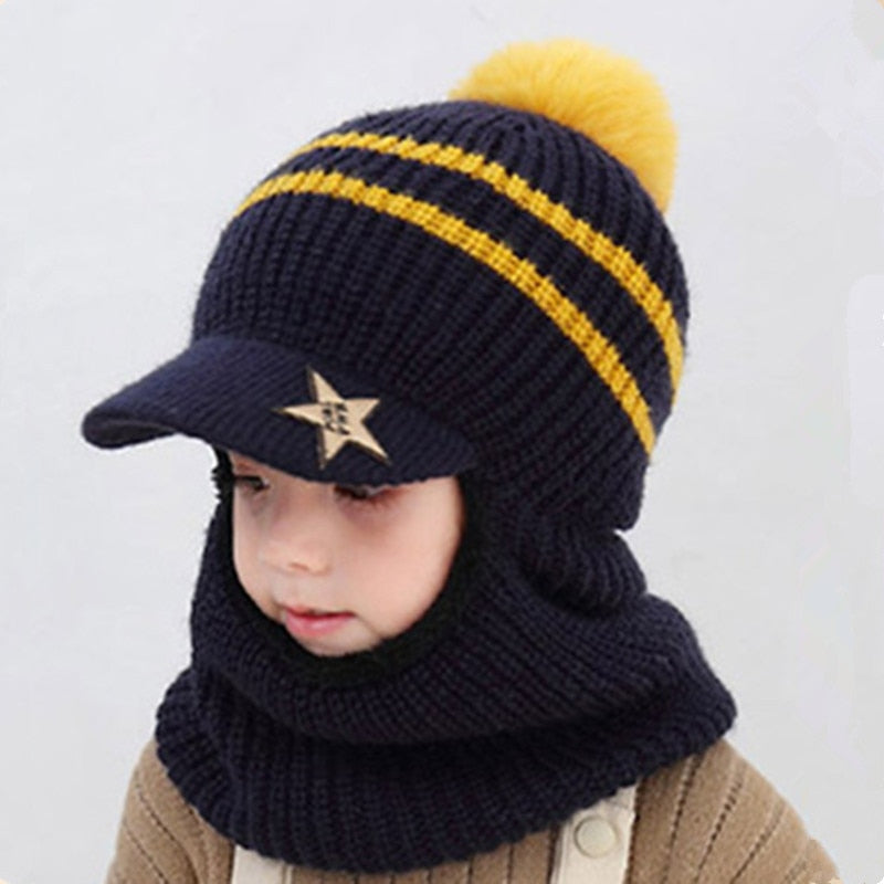 Beanies Baby Ring Hat Pompom Winter Children Hats Knitted Cute Cap for Baby Girls Boys Warm Fleece Lining Earflap Caps for Kids