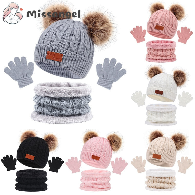 Cute Baby Hat Scarf Gloves Suit Set Beanie Cap Children's Hats Girls Fake Ball Pompon Plush Keep Warm Winter Knitted Skullies