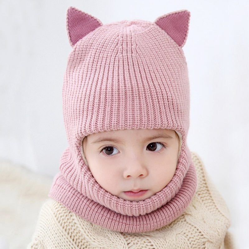 Beanies Baby Ring Hat Pompom Winter Children Hats Knitted Cute Cap for Baby Girls Boys Warm Fleece Lining Earflap Caps for Kids