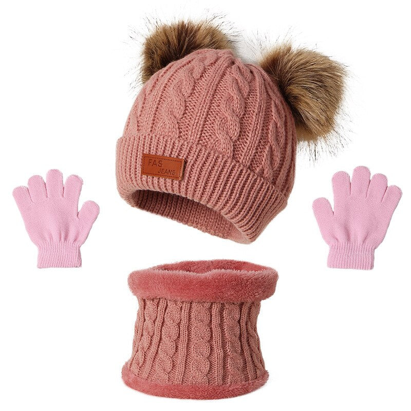 Cute Baby Hat Scarf Gloves Suit Set Beanie Cap Children's Hats Girls Fake Ball Pompon Plush Keep Warm Winter Knitted Skullies