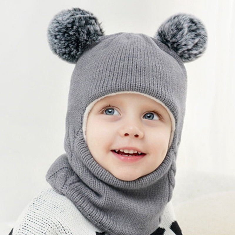 Beanies Baby Ring Hat Pompom Winter Children Hats Knitted Cute Cap for Baby Girls Boys Warm Fleece Lining Earflap Caps for Kids