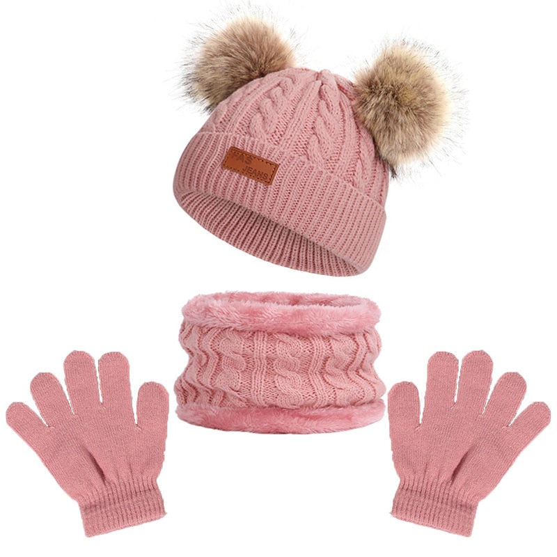 Cute Baby Hat Scarf Gloves Suit Set Beanie Cap Children's Hats Girls Fake Ball Pompon Plush Keep Warm Winter Knitted Skullies