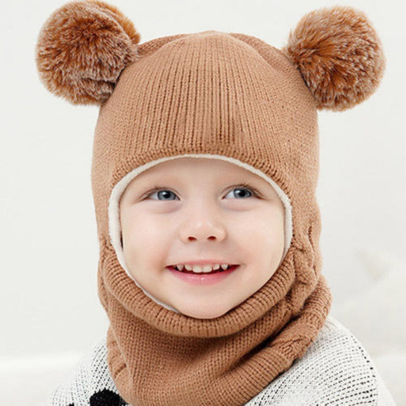 Beanies Baby Ring Hat Pompom Winter Children Hats Knitted Cute Cap for Baby Girls Boys Warm Fleece Lining Earflap Caps for Kids